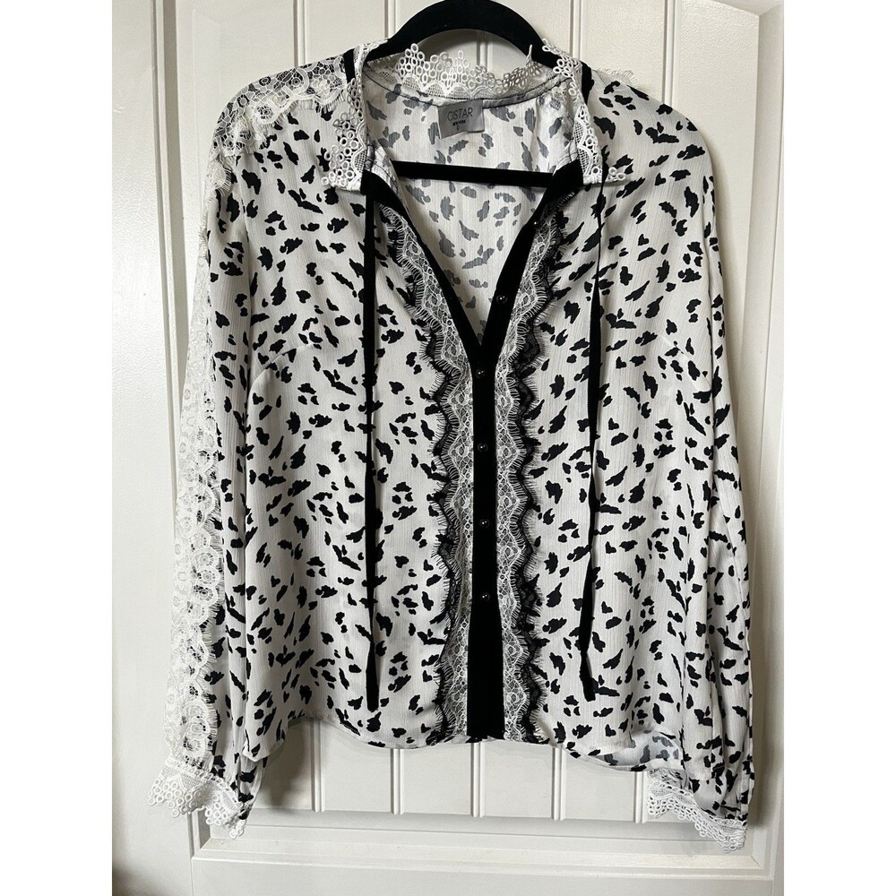 Whisygoth Romantic Lace Leopard Print Top Size L Blouse Fairy Top Flowy MSR $88